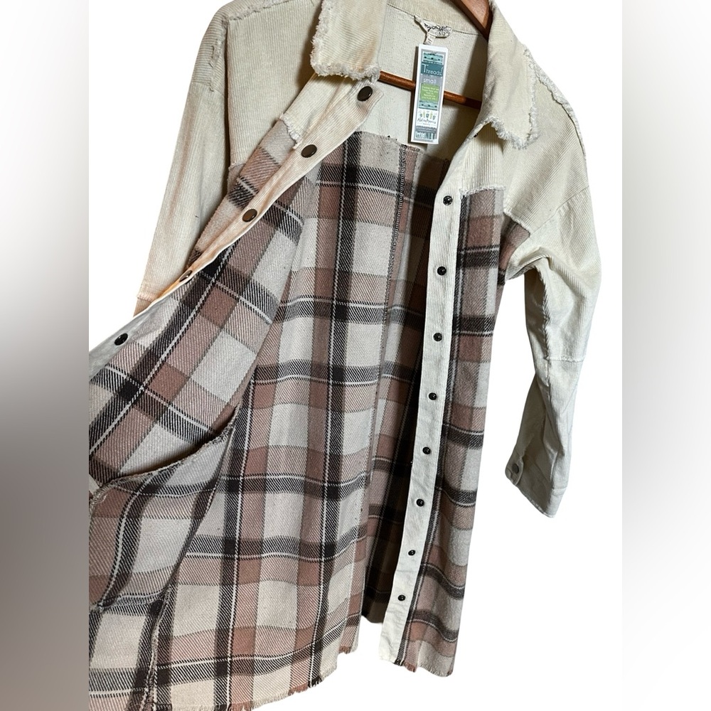 Plaid Shacket Corduroy Sleeve Jacket Cream Pink Women’s Size Small. - Picture 4 of 10
